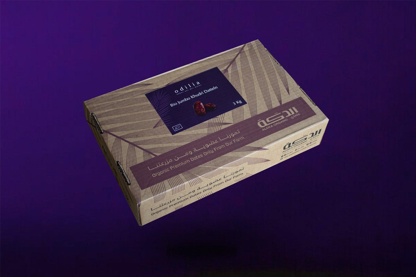 Die attraktive Verpackung der aromatischen Bio-Khudri-Datteln von odilia.